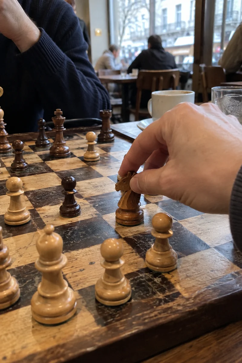 Une main déplace un cavalier sur un échiquier dans un café